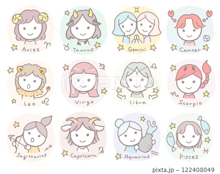 シンプルかわいい女の子の12星座カラーイラストセット  英語・シンボル入り 122408049