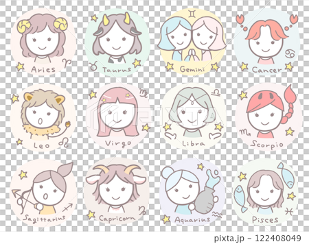 簡單可愛女孩的12星座彩色插畫套裝搭配英文符號 122408049