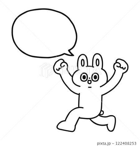 両手をあげて走るゆかいなウサギと吹き出し　線画 122408253