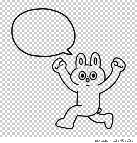 A funny rabbit running with his hands up and a speech bubble - line drawing 122408253