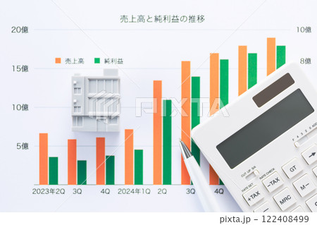 会社の業績グラフと企業ビルと電卓 122408499