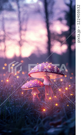 Magical meadow with glowing mushrooms under twilight sky Magical meadow with glowing mushrooms under twilight sky 122408632