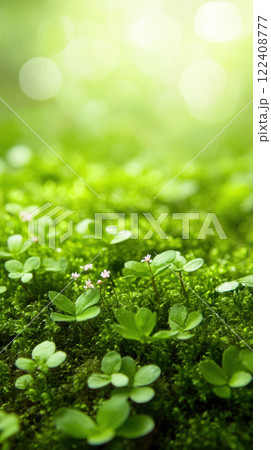 macro shot of vibrant green moss with tiny blooming flowers, creating serene atmosphere macro shot of vibrant green moss with tiny blooming flowers, creating serene atmosphere 122408777