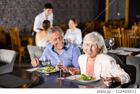 Elderly man and woman having dinner in restaurant 122408811