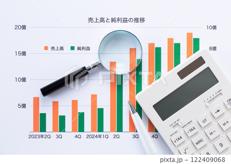 会社の業績グラフと電卓とルーペ 122409068