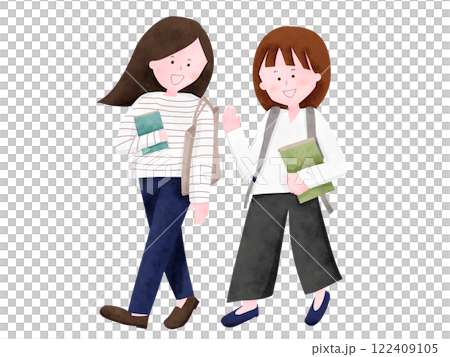 話しながら歩く二人の女性 122409105