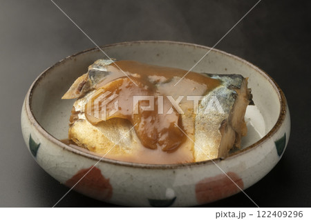 皿に盛り付けた鯖の味噌煮 122409296