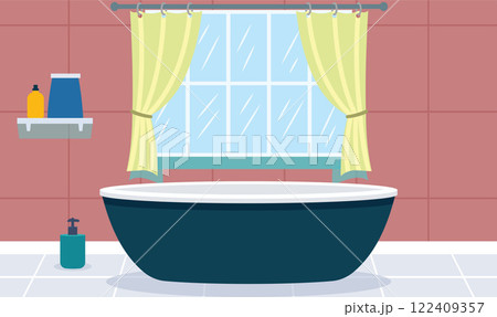Flat Design Illustration of Bathtub in Clean Bathroom at Home with Curtain on the Window Flat Design Illustration of Bathtub in Clean Bathroom at Home with Curtain on the Window 122409357