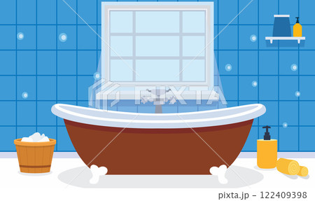 Flat Design Illustration of Bathtub in Cozy Clean Bathroom at Home with Window 122409398