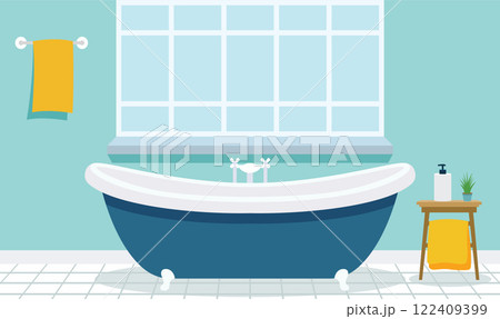 Flat Design Illustration of Bathtub in Cozy Clean Bathroom at Home with Window Flat Design Illustration of Bathtub in Cozy Clean Bathroom at Home with Window 122409399