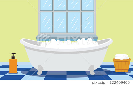 Flat Design Illustration of Bathtub in Cozy Clean Bathroom at Home with Window 122409400