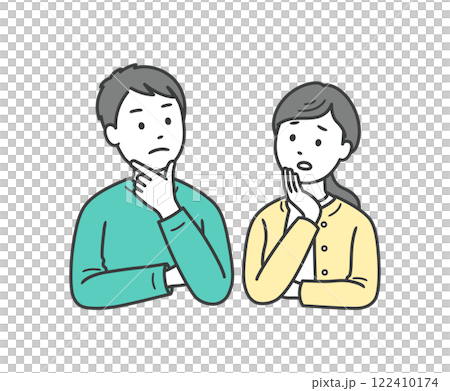 一對成年男女夫婦雙手放在臉上擔心的上半身插圖 一對成年男女夫婦雙手放在臉上擔心的上半身插圖 122410174