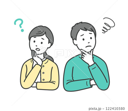 顔に手を当てて悩む成人男女夫婦の上半身イラスト 122410380