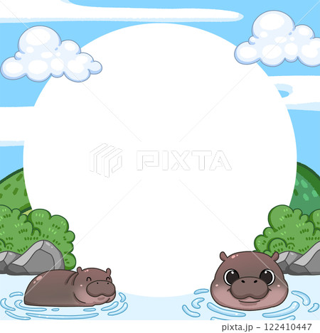 Frame of Cute Pygmy Hippo cartoon digital painting 122410447