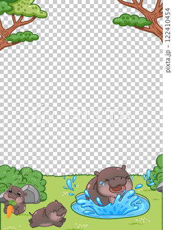 Frame of Cute Pygmy Hippo cartoon digital painting 122410454