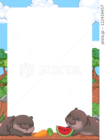 Frame of Cute Pygmy Hippo cartoon digital painting 122410457