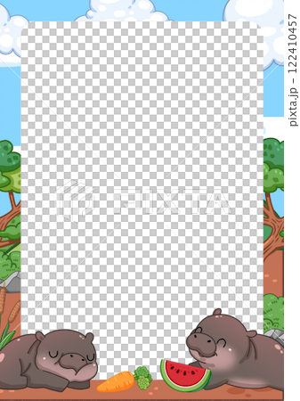 Frame of Cute Pygmy Hippo cartoon digital painting 122410457