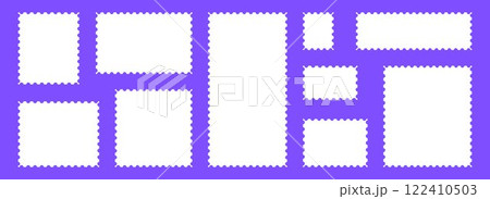 White postage stamps set. Post stamp frames and borders. Rectangle and square template for mail, postcard, letter, note. Jagged wavy edge forms. Vector zigzag objects for badge, sticker, photo White postage stamps set. Post stamp frames and borders. Rectangle and square template for mail, postcard, letter, note. Jagged wavy edge forms. Vector zigzag objects for badge, sticker, photo 122410503