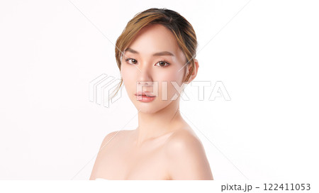 Beautiful young asian woman with clean fresh skin on white background, Face care, Facial treatment, Cosmetology, beauty and spa, Asian women portrait. Beautiful young asian woman with clean fresh skin on white background, Face care, Facial treatment, Cosmetology, beauty and spa, Asian women portrait. 122411053