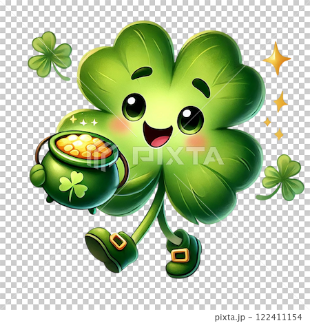 A cheerful four-leaf clover character with a pot of gold. St. Patrick's Day concept. 122411154