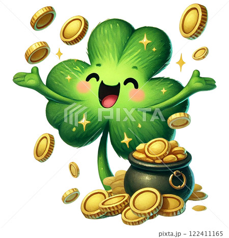 Cheerful clover character surrounded by shiny gold coins. St. Patrick's Day concept. 122411165