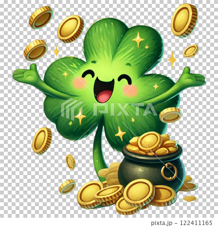 Cheerful clover character surrounded by shiny gold coins. St. Patrick's Day concept. 122411165