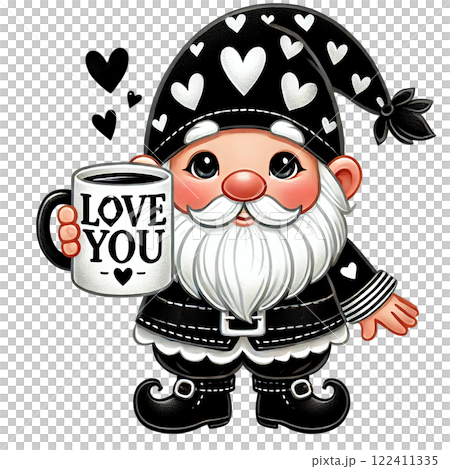 A cheerful gnome holding a coffee mug with a love message. Black Valentine's day concept. A cheerful gnome holding a coffee mug with a love message. Black Valentine's day concept. 122411335