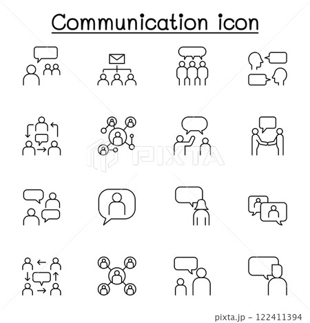 Talking, Speaking and communication icon set in thin line style Talking, Speaking and communication icon set in thin line style 122411394