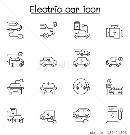 Electric Car icon set in thin line style 122411398