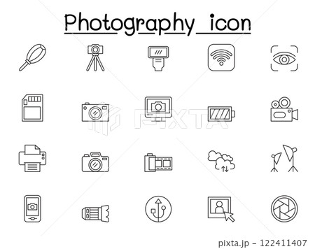 Camera and Photography icon set in thin line style 122411407