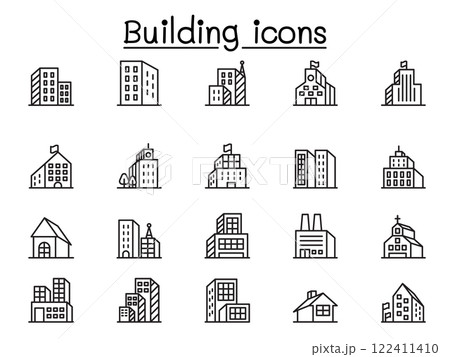 Building icon set in thin line style 122411410