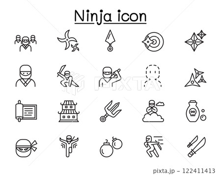 Ninja icon set in thin line style Ninja icon set in thin line style 122411413