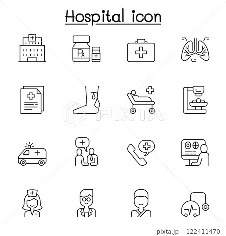 Hospital icon set in thin line style Hospital icon set in thin line style 122411470