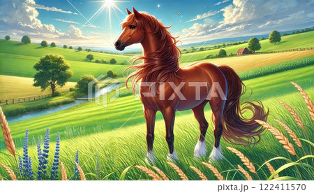 美しい栗毛の馬が佇む緑豊かな草原 122411570