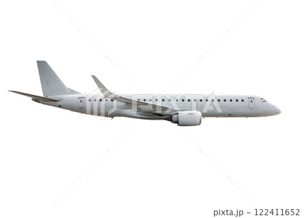 Passenger airplane flying isolated on white background Passenger airplane flying isolated on white background 122411652