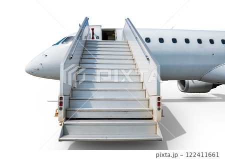 Passenger jet plane with aircraft steps isolated on white background Passenger jet plane with aircraft steps isolated on white background 122411661