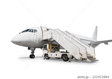 Passenger jetliner with air-stairs isolated on white background 122411664
