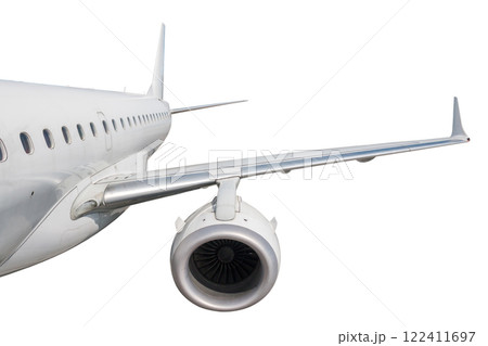 Passenger jet plane flies isolated on white background Passenger jet plane flies isolated on white background 122411697
