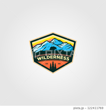 wilderness mountain adventure badge vintage logo vector illustration 122411769