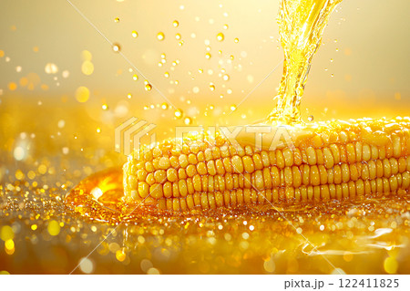 American BBQ style corn on the cob, topped with melted butter and seasoning 122411825