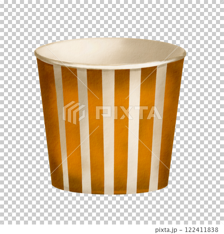 Paper glass. Empty dishes. Large striped flower pot. Watercolor illustration without background. Dishes with gold and yellow stripes. Plate for popcorn and snacks.  122411838