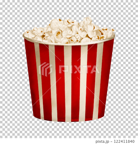 container with popcorn. Large paper glass with red stripes. Lots of popcorn in a glass. Watercolor illustration isolated from background. Classic retro style. Snack in a bowl. Movie party. container with popcorn. Large paper glass with red stripes. Lots of popcorn in a glass. Watercolor illustration isolated from background. Classic retro style. Snack in a bowl. Movie party. 122411840