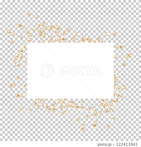 Popcorn flies in different directions. rectangular frame made of snacks. Watercolor illustration isolated from background. Corn crispy snack. design of menus and cards.  122411841