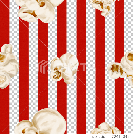 Popcorn on a striped background. Seamless pattern. Big popcorn and red stripes. Classic retro style. Watercolor illustration. Printing on fabric, textiles and paper. Snack packaging.  122411842