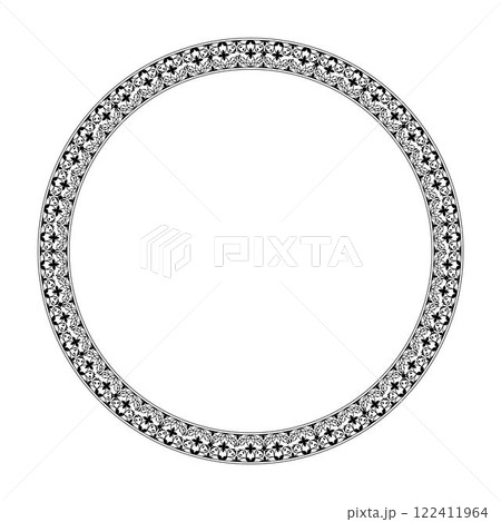 Round monochrome floral european national pattern. Ethnic circle ornament of Ancient Greece, Roman Empire. Pattern frame for round surfaces, invitations, textiles, engraving, embroidery, forging 122411964