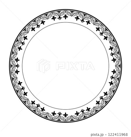 Round black and white floral european national pattern plate. Ethnic circle ornament of Ancient Greece, Roman Empire. Pattern frame for round surfaces, invitations, textiles, engraving, embroidery Round black and white floral european national pattern plate. Ethnic circle ornament of Ancient Greece, Roman Empire. Pattern frame for round surfaces, invitations, textiles, engraving, embroidery 122411968
