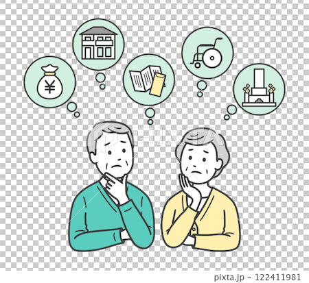 一對老年夫婦擔心金錢、住房、護理、墳墓和遺囑的上半身插圖 122411981