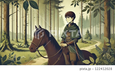 静寂の森を進む若き騎士と馬の旅路 122412028