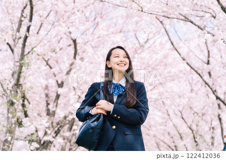 桜並木の下を歩く高校生 122412036