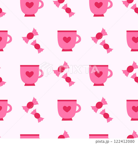 Seamless Pattern with pink cup and candy. Valentine day. Vector flat illustration. 122412080